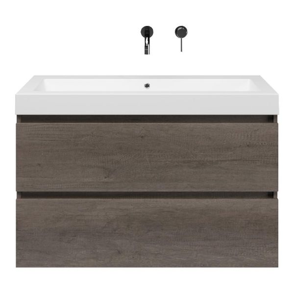 Bellanti Elena/Esta-Q badmeubel 100x46 2 softclose laden olm donker grijs greeploos quartz wastafel mat wit zonder kraangaten