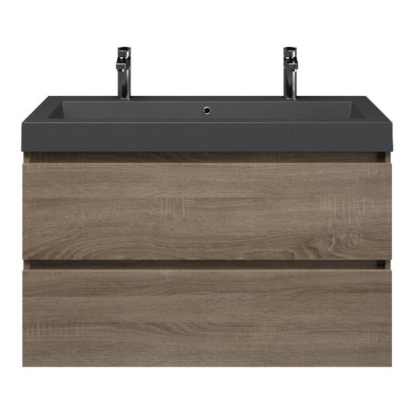 Bellanti Elena/Esta-Q badmeubel 100x46 2 softclose laden eiken donker greeploos quartz wastafel mat grijs met 2 kraangaten