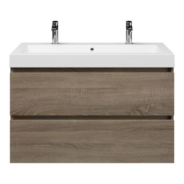 Bellanti Elena/Esta-Q badmeubel 100x46 2 softclose laden eiken donker greeploos quartz wastafel mat wit met 2 kraangaten