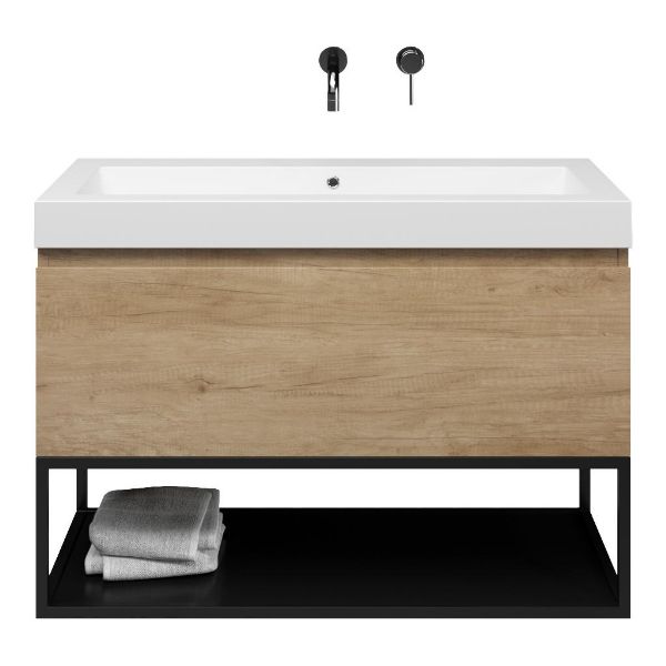 Bellanti Solo/Tela/Esta-Q badmeubel 100x46 1 softclose lade olm greeploos quartz wastafel mat wit zonder kraangaten met mat zwart metalen frame