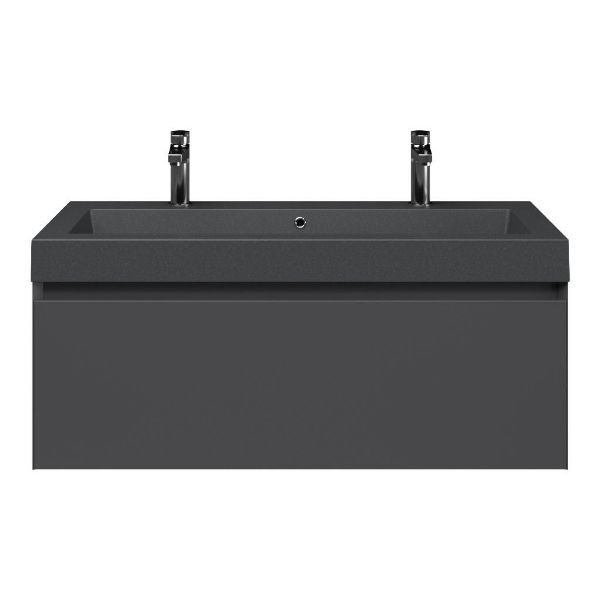 Bellanti Solo/Esta-Q badmeubel 100x46 1 softclose lade antraciet mat greeploos quartz wastafel mat grijs met 2 kraangaten