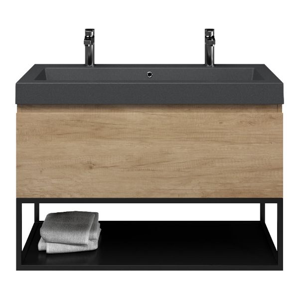 Bellanti Solo/Tela/Esta-Q badmeubel 100x46 1 softclose lade olm greeploos quartz wastafel mat grijs met 2 kraangaten met mat zwart metalen frame