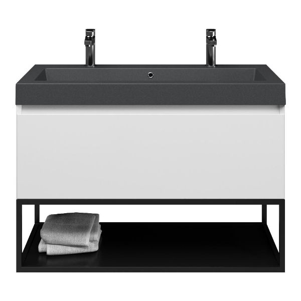 Bellanti Solo/Tela/Esta-Q badmeubel 100x46 1 softclose lade wit hoogglans greeploos quartz wastafel mat grijs met 2 kraangaten met mat zwart metalen frame