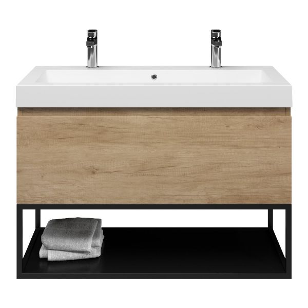 Bellanti Solo/Tela/Esta-Q badmeubel 100x46 1 softclose lade olm greeploos quartz wastafel mat wit met 2 kraangaten met mat zwart metalen frame