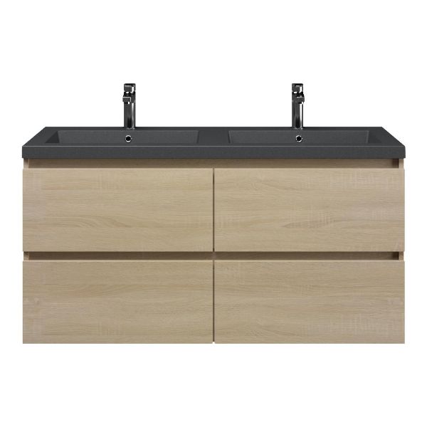 Bellanti Elena/Esta badmeubel 120x46 4 softclose laden eiken licht greeploos polystone wastafel dubbel mat grijs met 2 kraangaten