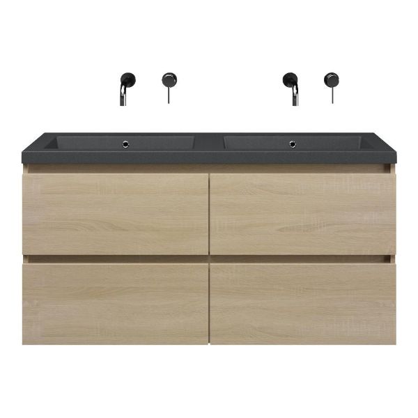 Bellanti Elena/Esta-Q badmeubel 120x46 4 softclose laden eiken licht greeploos quartz wastafel dubbel mat grijs zonder kraangaten