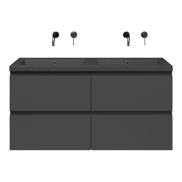 Bellanti Gisella/Esta-Q badmeubel 120x46 4 softclose laden antraciet mat greeploos quartz wastafel dubbel mat grijs zonder kraangaten