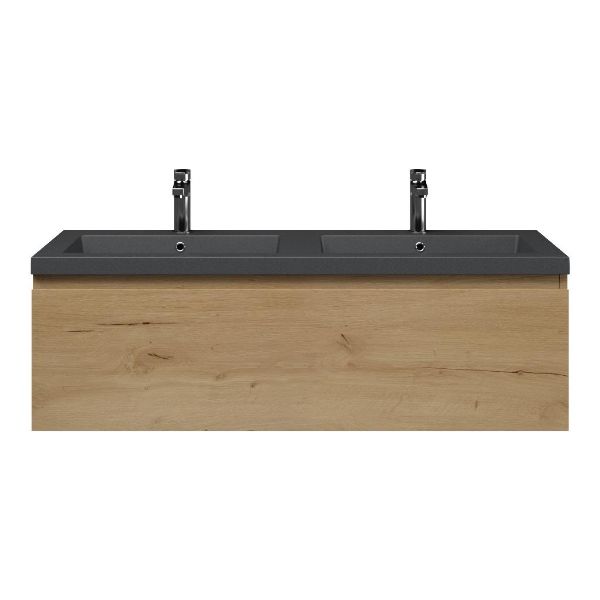 Bellanti Solo /Esta badmeubel 120x46 1 softclose lade eiken natuur greeploos polystone wastafel dubbel mat grijs met 2 kraangaten