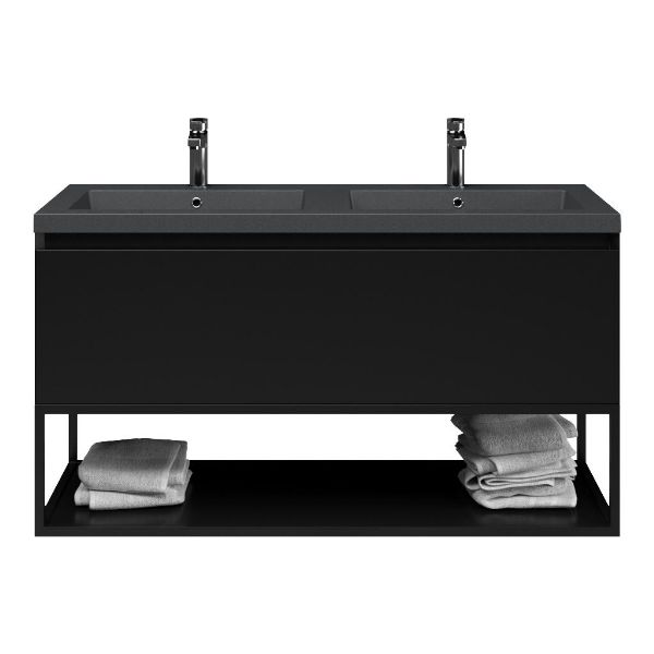 Bellanti Solo/Tela/Esta badmeubel 120x46 1 softclose lade zwart mat greeploos polystone wastafel dubbel mat grijs met 2 kraangaten met mat zwart metalen frame