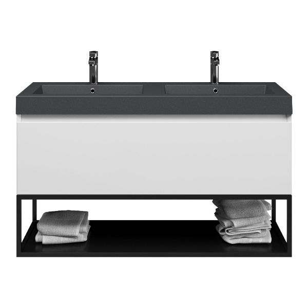 Bellanti Solo/Tela/Esta-Q badmeubel 120x46 1 softclose lade wit hoogglans greeploos quartz wastafel dubbel mat grijs met 2 kraangaten met mat zwart metalen frame