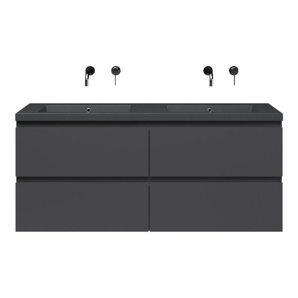 Bellanti Gisella/Esta-Q badmeubel 140x46 4 softclose laden antraciet mat greeploos quartz wastafel dubbel mat grijs zonder kraangaten