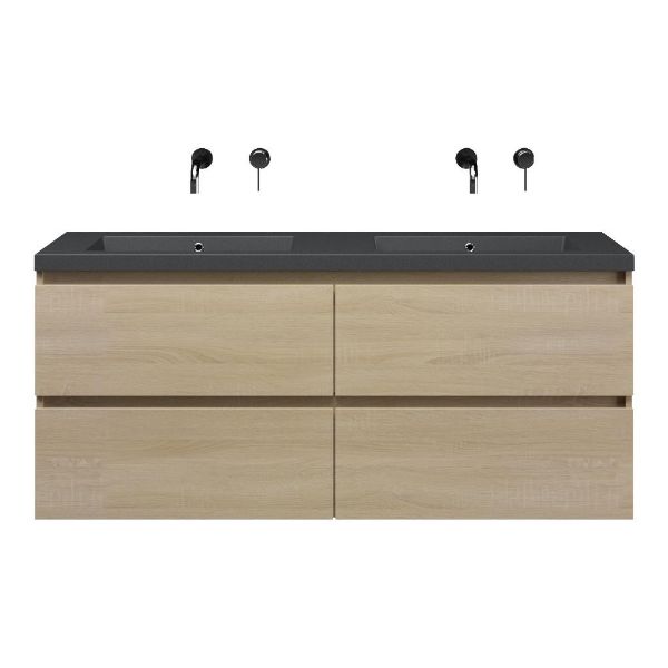 Bellanti Elena/Esta-Q badmeubel 140x46 4 softclose laden licht eiken greeploos quartz wastafel dubbel mat grijs zonder kraangaten