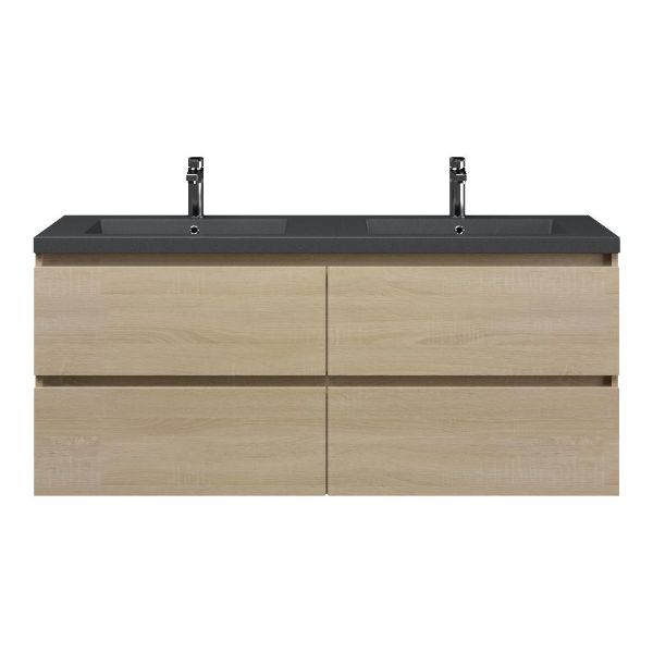 Bellanti Elena/Esta badmeubel 140x46 4 softclose laden licht eiken greeploos polystone wastafel dubbel mat grijs met 2 kraangaten