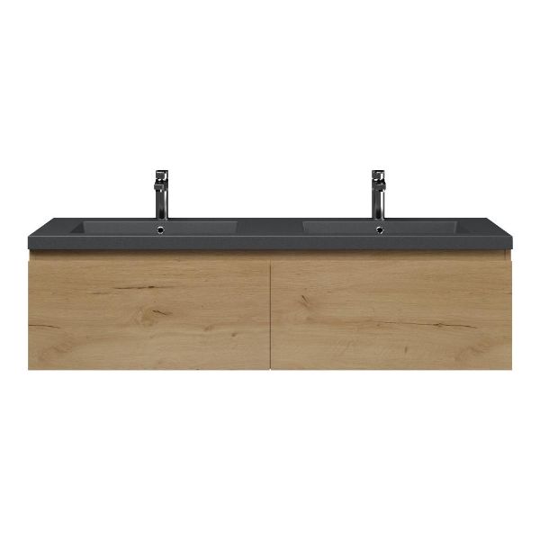 Bellanti Solo/Esta badmeubel 140x46 2 softclose laden eiken natuur greeploos polystone wastafel dubbel mat grijs met 2 kraangaten