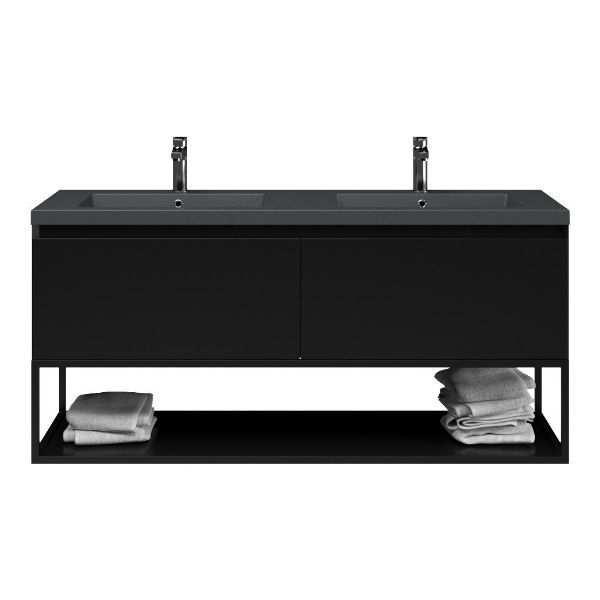 Bellanti Solo/Tela/Esta badmeubel 140x46 2 softclose laden zwart mat greeploos polystone wastafel dubbel mat grijs met 2 kraangaten met mat zwart metalen frame
