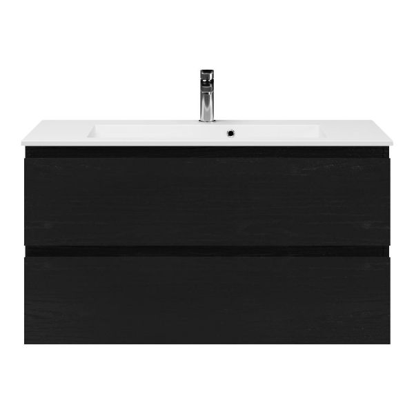 Bellanti Secca/Compact ondiep badmeubel 100x36 2 softclose laden zwart eiken greeploos keramische wastafel wit met 1 kraangat