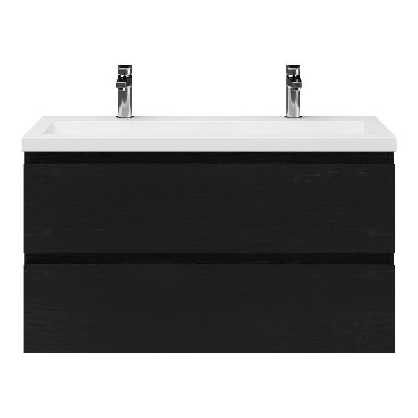 Bellanti Secca/Esta ondiep badmeubel 100x36 2 softclose laden zwart eiken greeploos polystone wastafel wit met 2 kraangaten