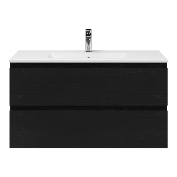 Bellanti Secca/Faro ondiep badmeubel 100x36 2 softclose laden zwart eiken greeploos keramische wastafel wit met 1 kraangat