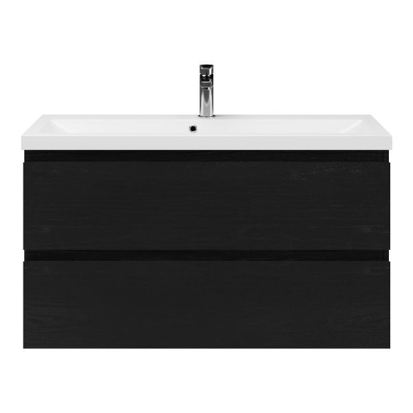 Bellanti Secca/Lidia ondiep badmeubel 100x36 2 softclose laden zwart eiken greeploos polystone wastafel wit met 1 kraangat