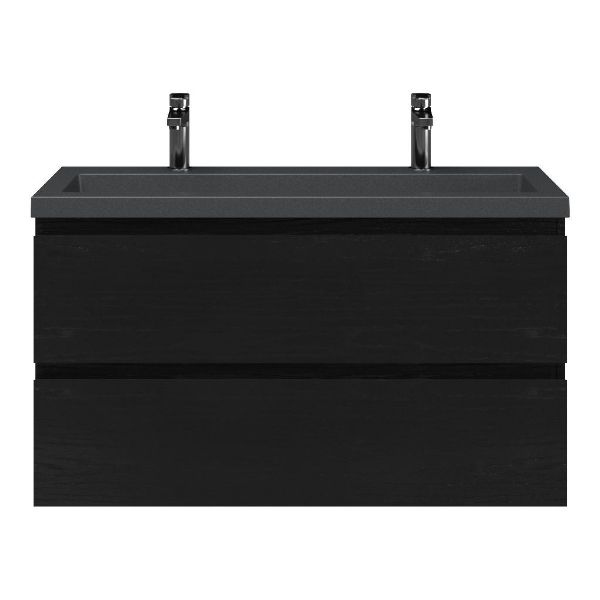 Bellanti Secca/Esta-Q ondiep badmeubel 100x36 2 softclose laden zwart eiken greeploos met quartz wastafel mat grijs met 2 kraangaten zonder overloop