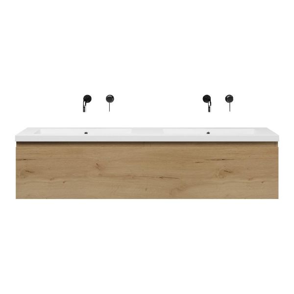 Bellanti Solo/Esta badmeubel 160x46 2 softclose laden eiken natuur greeploos polystone dubbele wastafel wit zonder kraangaten