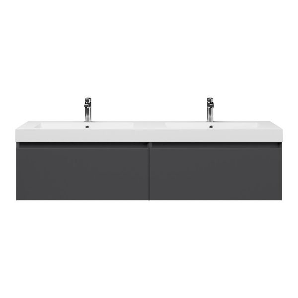 Bellanti Solo/Esta badmeubel 160x46 2 softclose laden mat antraciet greeploos polystone dubbele wastafel wit met 2 kraangaten