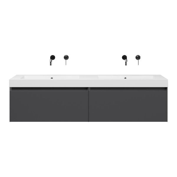 Bellanti Solo/Esta badmeubel 160x46 2 softclose laden mat antraciet greeploos polystone dubbele wastafel wit zonder kraangaten