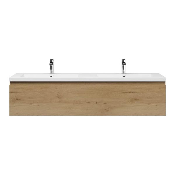 Bellanti Solo/Esta badmeubel 160x46 2 softclose laden eiken natuur greeploos polystone dubbele wastafel wit 2 kraangaten