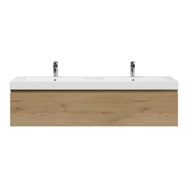 Bellanti Solo/Esta badmeubel 160x46 2 softclose laden eiken natuur greeploos polystone dubbele wastafel wit 2 kraangaten