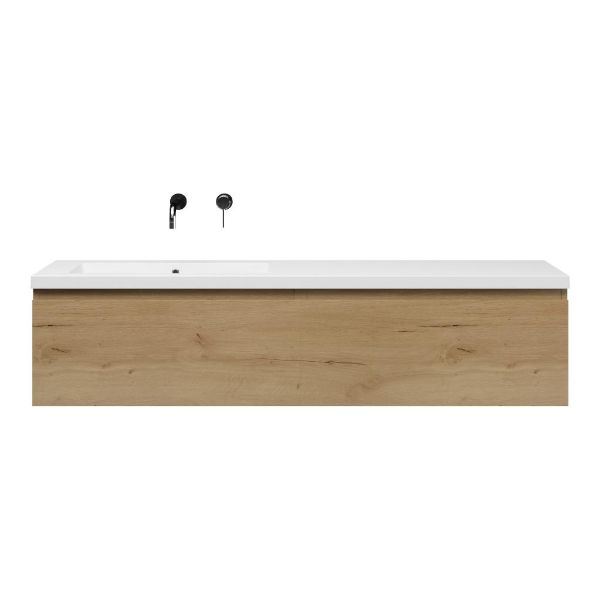 Bellanti Solo/Esta badmeubel 160x46 2 softclose laden eiken natuur greeploos polystone enkele wastafel links wit zonder kraangat