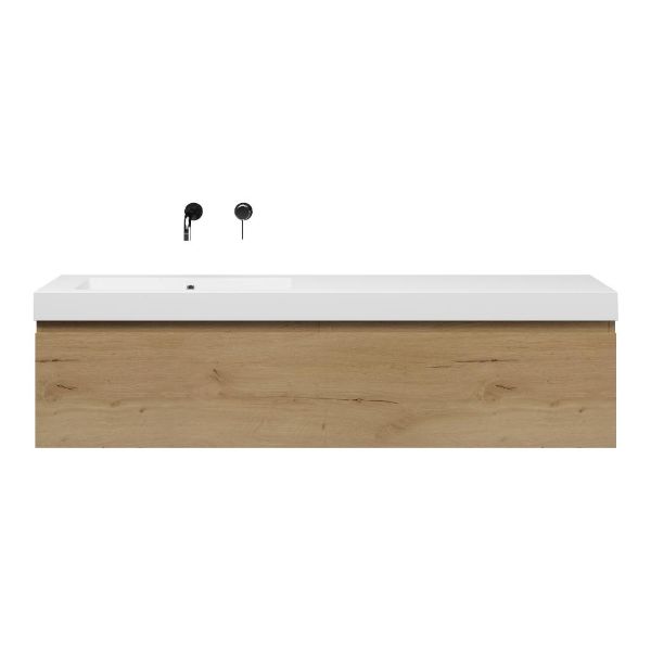 Bellanti Solo/Esta badmeubel 160x46 2 softclose laden eiken natuur greeploos polystone enkele wastafel links wit zonder kraangat