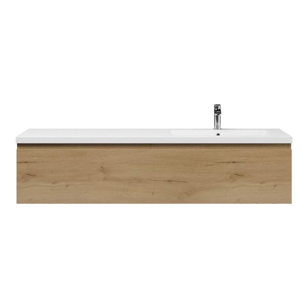Bellanti Solo/Esta badmeubel 160x46 2 softclose laden eiken natuur greeploos polystone enkele wastafel rechts wit met 1 kraangat