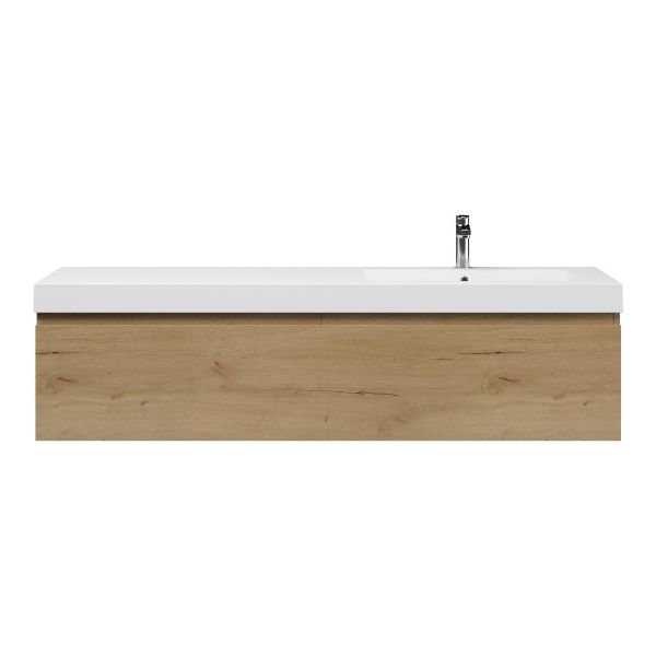 Bellanti Solo/Esta badmeubel 160x46 2 softclose laden eiken natuur greeploos polystone enkele wastafel rechts wit met 1 kraangat