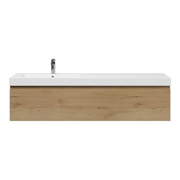 Bellanti Solo/Esta badmeubel 160x46 2 softclose laden eiken natuur greeploos polystone enkele wastafel links wit met 1 kraangat