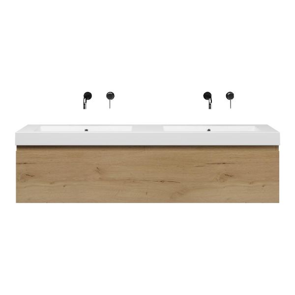 Bellanti Solo/Esta-Q badmeubel 160x46 2 softclose laden eiken natuur greeploos quartz dubbele wastafel mat wit zonder kraangaten