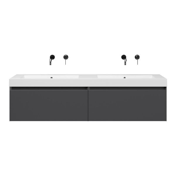Bellanti Solo/Esta-Q badmeubel 160x46 2 softclose laden mat antraciet greeploos quartz dubbele wastafel mat wit zonder kraangaten