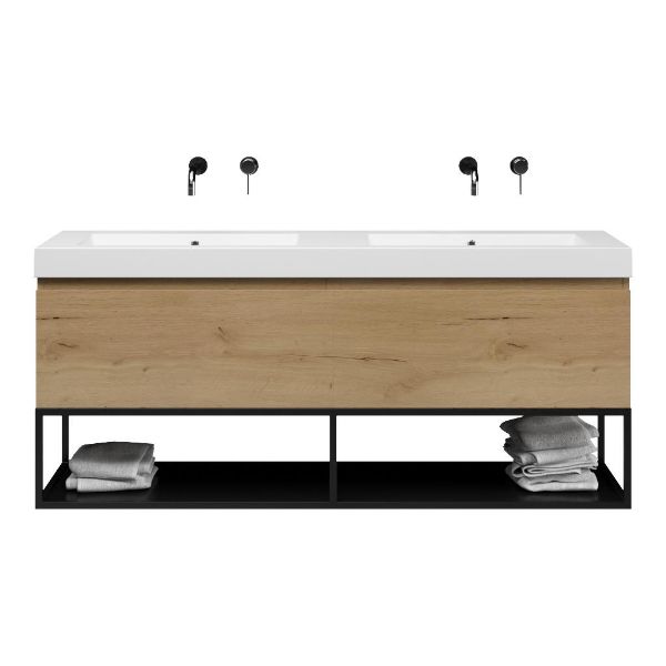 Bellanti Solo/Tela/Esta-Q badmeubel 160x46 2 softclose laden eiken natuur greeploos quartz dubbele wastafel mat wit zonder kraangaten met mat zwart metalen frame