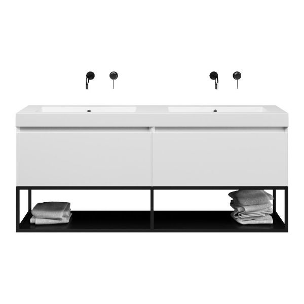 Bellanti Solo/Tela/Esta-Q badmeubel 160x46 2 softclose laden hoogglans wit greeploos quartz dubbele wastafel mat wit zonder kraangaten met mat zwart metalen frame