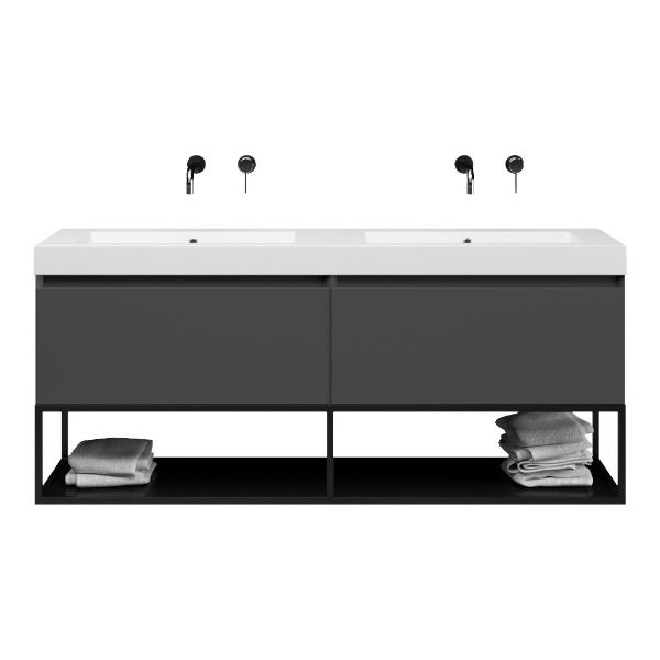 Bellanti Solo/Tela/Esta-Q badmeubel 160x46 2 softclose laden mat antraciet greeploos quartz dubbele wastafel mat wit zonder kraangaten met mat zwart metalen frame