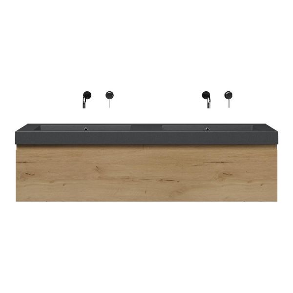 Bellanti Solo/Esta-Q badmeubel 160x46 2 softclose laden eiken natuur greeploos quartz dubbele wastafel mat grijs zonder kraangaten