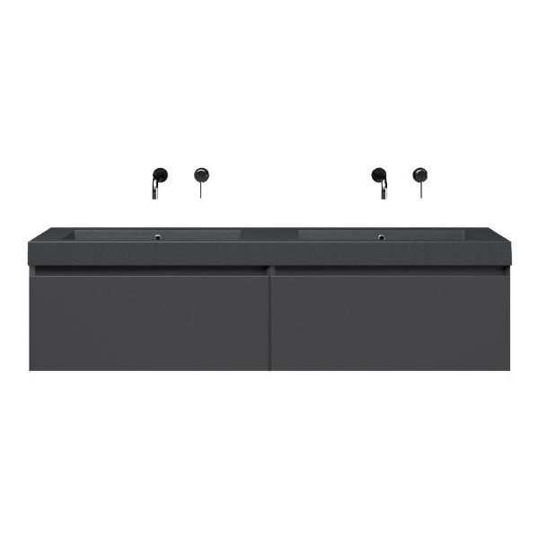 Bellanti Solo/Esta-Q badmeubel 160x46 2 softclose laden mat antraciet greeploos quartz dubbele wastafel mat grijs zonder kraangaten