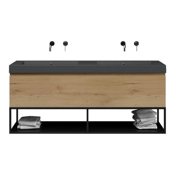 Bellanti Solo/Tela/Esta-Q badmeubel 160x46 2 softclose laden eiken natuur greeploos quartz dubbele wastafel mat grijs zonder kraangaten met mat zwart metalen frame