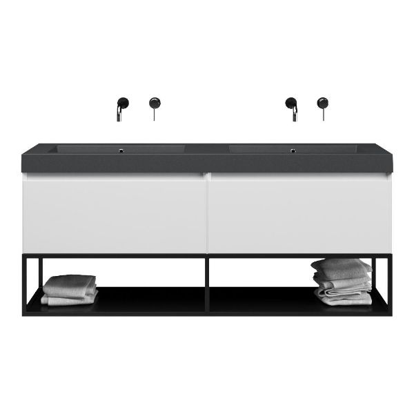 Bellanti Solo/Tela/Esta-Q badmeubel 160x46 2 softclose laden hoogglans wit greeploos quartz dubbele wastafel mat grijs zonder kraangaten met mat zwart metalen frame