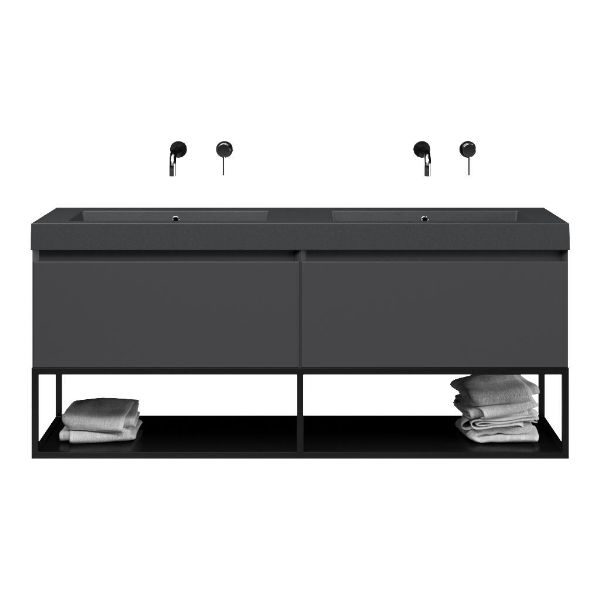 Bellanti Solo/Tela/Esta-Q badmeubel 160x46 2 softclose laden mat antraciet greeploos quartz dubbele wastafel mat grijs zonder kraangaten met mat zwart metalen frame