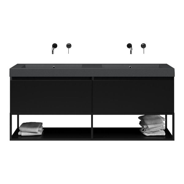 Bellanti Solo/Tela/Esta-Q badmeubel 160x46 2 softclose laden mat zwart greeploos quartz dubbele wastafel mat grijs zonder kraangaten met mat zwart metalen frame