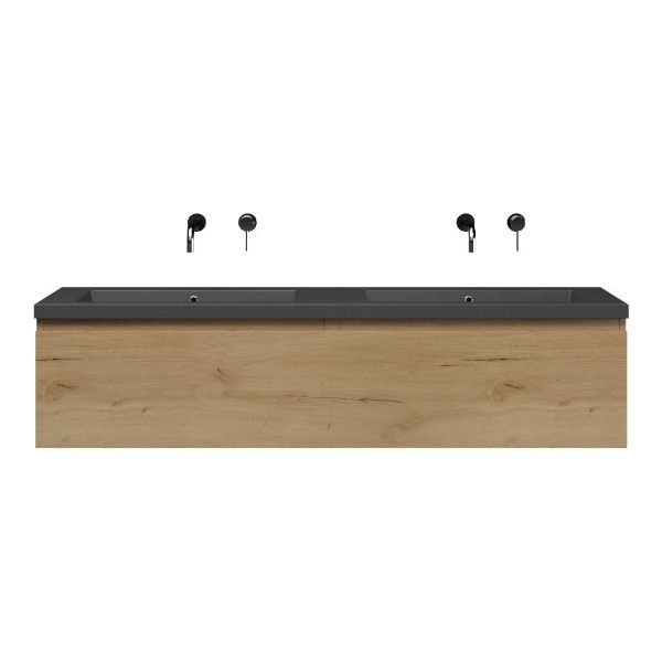 Bellanti Solo/Esta-Q badmeubel 160x46 2 softclose laden eiken natuur greeploos quartz dubbele wastafel mat grijs zonder kraangaten