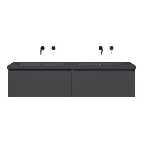 Bellanti Solo/Esta-Q badmeubel 160x46 2 softclose laden mat antraciet greeploos quartz dubbele wastafel mat grijs zonder kraangaten