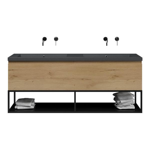 Bellanti Solo/Tela/Esta-Q badmeubel 160x46 2 softclose laden eiken natuur greeploos quartz dubbele wastafel mat grijs zonder kraangaten met mat zwart metalen frame