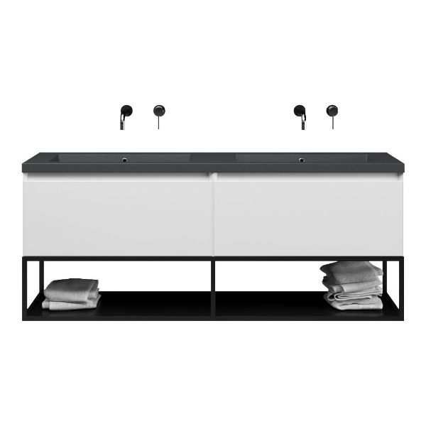 Bellanti Solo/Tela/Esta-Q badmeubel 160x46 2 softclose laden hoogglans wit greeploos quartz dubbele wastafel mat grijs zonder kraangaten met mat zwart metalen frame