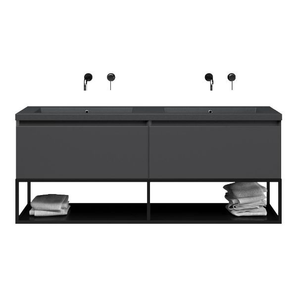 Bellanti Solo/Tela/Esta-Q badmeubel 160x46 2 softclose laden mat antraciet greeploos quartz dubbele wastafel mat grijs zonder kraangaten met mat zwart metalen frame